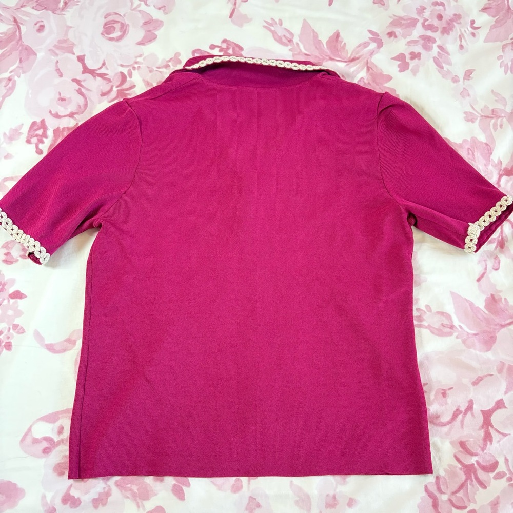 Alexia Admor Fuchsia Pink Polo Top with Pearl Trim - Picture 6 of 7
